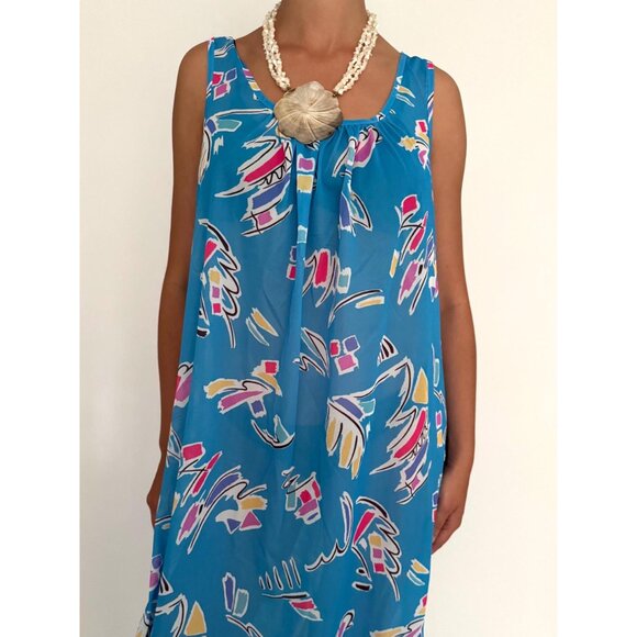 70s vintage blue abstract print sheer long maxi dress resortwear kaftan cover up - Picture 7 of 9